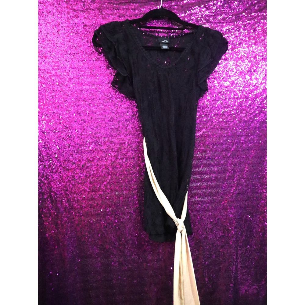 Black Lace Flutter Sleeve Medium rue21 Womens Gold Sash Crochet Trim Top